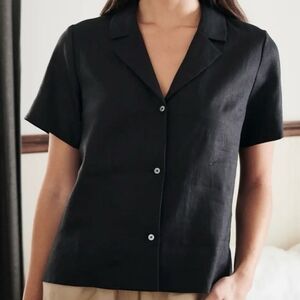 Quince 100% European Linen Short Sleeve Shirt Top V-Neck in Black Large